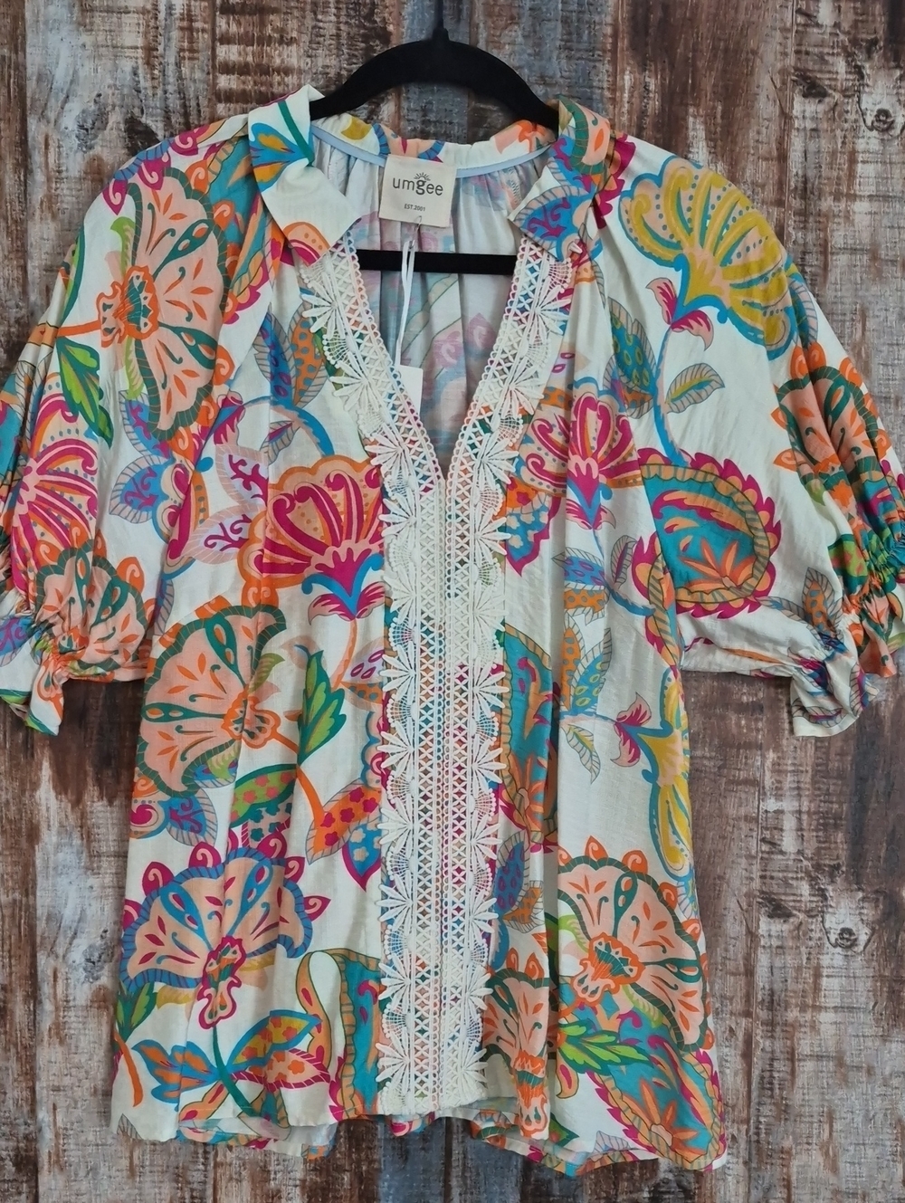 Umgee Multicolor Floral Crochet-Trim Tunic Top
